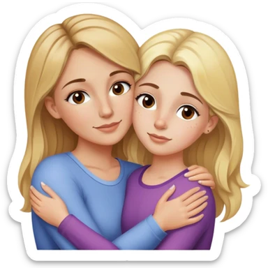 Blonde mom with makeup 30 years old hugs her daughter 15 years old with brown hair, freckles and brown eyes sticker