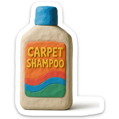 carpet shampoo bottle with blue cap and colorful label, soft lighting, claymation style sticker