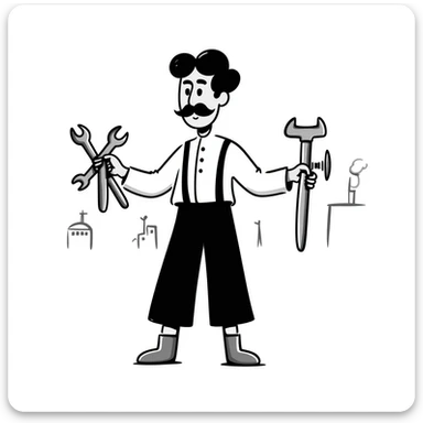 Victorian era English worker with tools, suspenders, boots, and rugged appearance from industrial revolution sticker