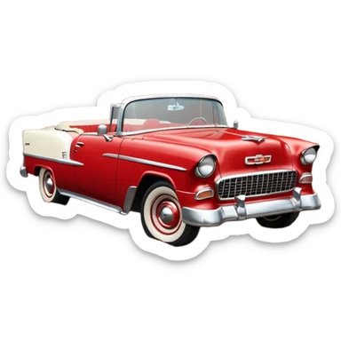 1955 Chevrolet Bel Air Convertible, Red-White color, with a bucket of brown mud pouring down on it, and the car itself is covered in brown mud on the sides that has stuck.32x32 pixels, aspect ratio: 1:1 sticker