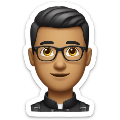 Barber with fade buzz cut black hair, glasses, leather apron and large nose sticker