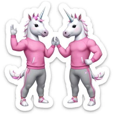 two friendly anthropomorphised male white unicorns with fit, chunky, muscular and strong physiques, arms and legs matching the white of the head, both wearing grey tracksuit pants and pink jumpers, sunglasses, high-fiving each other sticker