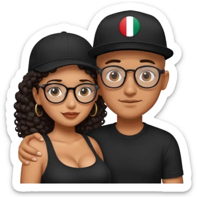 A picture of an embracing tanned couple. the man is a Mexican man with tanned skin, with a bald hair cut wearing a SnapBack hat and a black shirt. the woman wearing black glasses, with long curly dark brown hair and with big boobs.  sticker