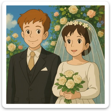 Georgie and Mandy inspired by the reference photo, in wedding outfits, cartoon style, wedding scene, ghibli style sticker