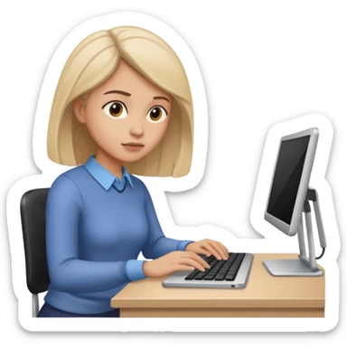 a woman concentrating on her work at a desk, with a keyboard and a laptop visible sticker