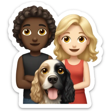 brown-haired girl and blond-haired boy with a black cocker spaniel sticker