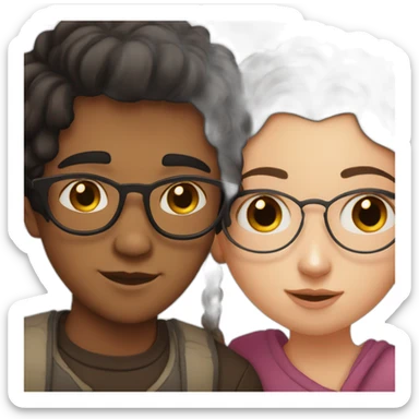 White girl with dark brown hair without glasses and indian boy with glasses and black hair kiss sticker