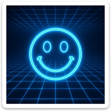 smiley face emoji in neon Tron 80's retro style with glowing blue grid background sticker