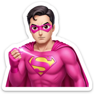 Create an image of Superman wearing a bright pink superhero suit. His eyes should be glowing intensely in bright pink, with powerful pink laser beams shooting outward from them. The focus should be on the laser effect coming directly from his eyes sticker