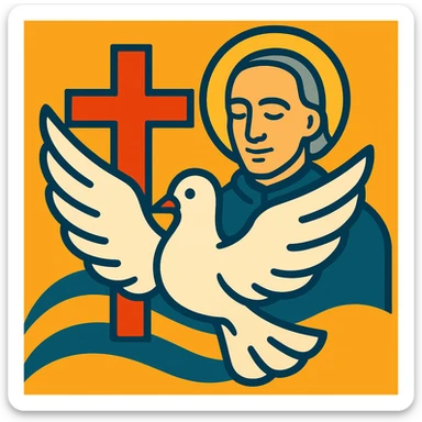 stylized dove and cross with a subtle outline of Hno. Gabriel Taborin, clean and spiritual, Christian vocational animation sticker