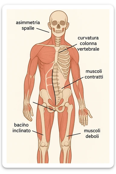 Uomo con problemi di asimmetrie e bacino inclinato, visione anatomica in italiano sticker