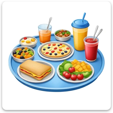 colorful and filled meal tray on canteen table, relaxed atmosphere sticker