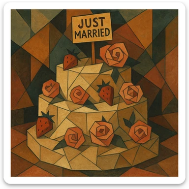 white wedding cake with strawberries, pink roses, 'Just Married' topper, cubist abstraction style sticker