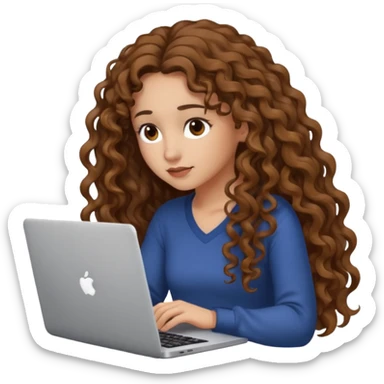 A young woman with too mach long curly brown hair, she has light, white skin, she has brown eyes, her eyes are lowered into the laptop she holds in her hands sticker