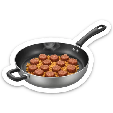 A 3D cartoon frying pan with minced meat being cooked, slight steam, realistic texture, Memoji-style. sticker