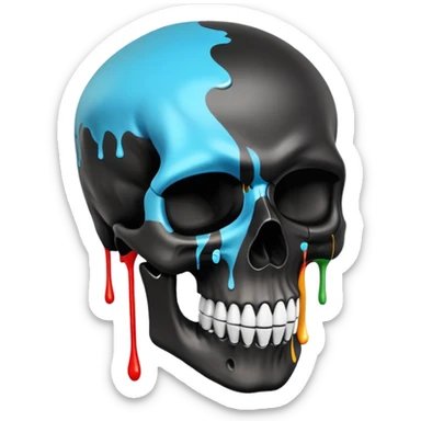 smooth black skull with street art colors and brand logos painted within the skull's surface, minimal paint drips that don't extend past skull outline, angled view sticker