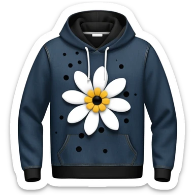 The BLACK Denim Tears Hoodie features a black base with distinctive white and black  open flower spots with empty space in the middle, These hollow ring-like patterns are scattered across. BLACK AND WHITE FLOWERS SPACED OUT FLOWERS AND NO DOTS sticker