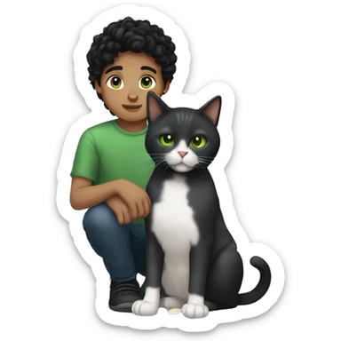  boy with black hair and brown eyes holding a dark gray cat with green eyes sticker