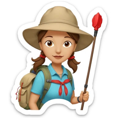 Middle aged women, long brown ponytail with wide brim hiking hat. With backpack and trekking poles. Backpack has a scallop shell with the cross of saint james hanging from it.  Remove the cross and add a scallop shell on a red string hanging from the backpack  sticker