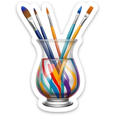 Glass painting icon, colorful brushstrokes on a glass vase, intricate painted patterns on the surface, visible fine paintbrush and palette beside it, no liquid inside the vase, minimalistic style, clean lines, transparent background. sticker