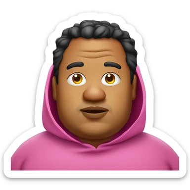 fat man with big ears wearing pink poncho, closed eyes, big lips with visible yellow teeth, duble chin and with a potato nose black messy hair sticker