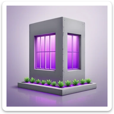 Minimalist gray concrete panel building with one window glowing bright purple from grow lights inside, simple rectangular structure sticker