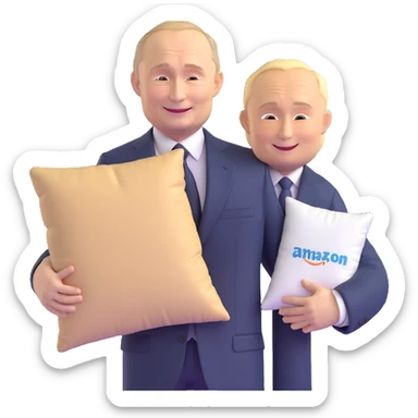 Vladimir Putin in a suit smiling and holding a memory foam pillow with an Amazon package next to him sticker