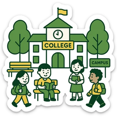 college campus scene, minimalistic, green gold and white color scheme, clean lines sticker