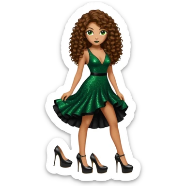 green eyes brown long curly hair woman, mafia boss style with 7 inch platform stripper high heels black glitter dress, Los Angeles Spanish style black outfit sticker