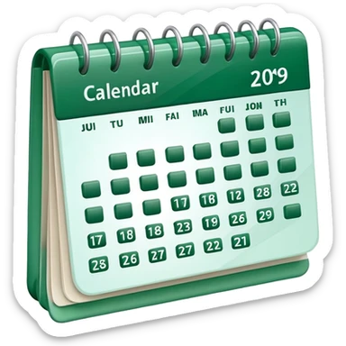 A glossy 3D icon of a clean digital calendar with green (#16A34A) accent highlights, floating pages, subtle shadows, and a modern SaaS-UI look. Soft reflections, rounded edges, friendly professional style. Represents scheduling and reservation management. sticker