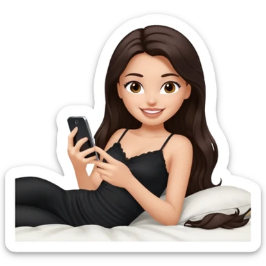 generate a pretty fair bratz girl with long dark brown hair using her phone in bed, smiling . Wearing a black cami sticker