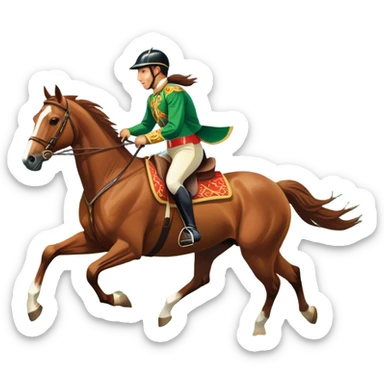 An icon showcasing a majestic horse and rider in full gallop across a lush green field. The background features a clear sky, distant mountains, and a vibrant landscape. The rider wears traditional gear, while the horse leaps with grace and power. Transparent background sticker