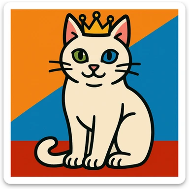realistic white cat with one green eye and one blue eye, wearing a princess crown sticker