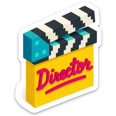 voxel style movie clapperboard with a bold director's signature, isometric view sticker