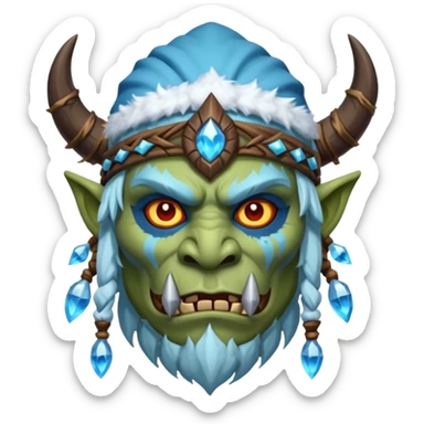 Fantasy Christmas orc shaman icon, ice spirit magic theme, glowing runes, winter tribal mask elements, mystical cold atmosphere, emoji sized portrait, male/female variant sticker