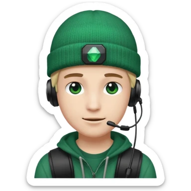 garcon avec un bonnet avec un emeraude dessus et un casque gaming sticker