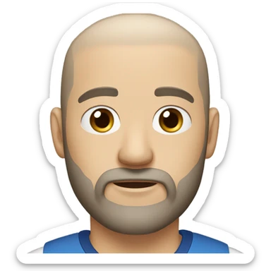 man with blue eyes, light skin, a shaved head, and a brown beard with some gray hair mixed in the beard wearing a polo shirt sticker