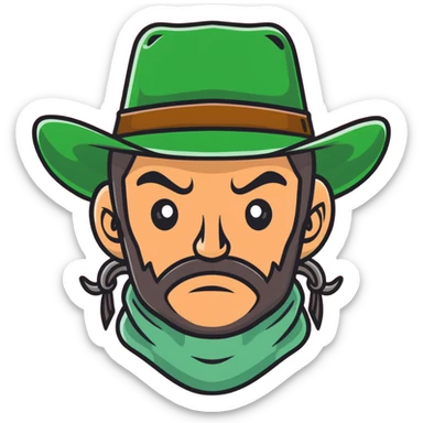 Cowboy wearing a green hat with no star, rugged face with stubble, western style sticker
