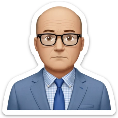 Larger 50-year-old man with extremely wide square face and big square jawline. Balding with hair on top but very little on sides. Large dark square-framed glasses. Serious expression. Wearing a light gray blazer that accommodates his bigger build, white button-up shirt with blue checkered pattern. sticker