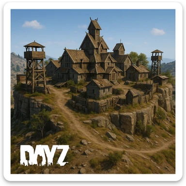 A small hilltop mesa city in the videogame dayz, screensot, based on whiterun but with modern DayZ architecture  sticker