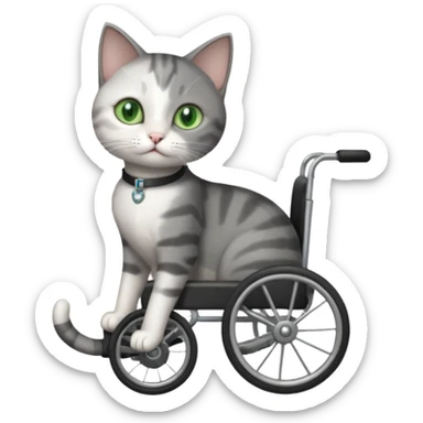 full body small short hair dark grey and white cat with green eyes walking in a wheelchair for cats sticker