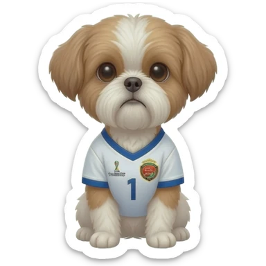 white and light brown shih zhu wearing a South Arabia soccer jersey v neck 2026 work cup sticker