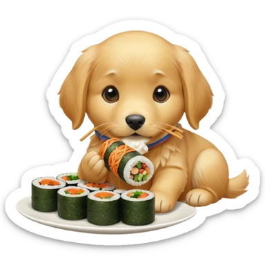 A cute golden retriever puppy eating gimbap in iPhone emoji style, soft 3D glossy texture, bright vivid colors, no outlines, centered composition, transparent background. sticker
