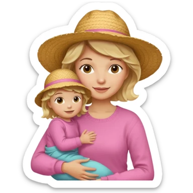 A cheerful wavy short blond hair mom in a straw hat carrying her child, wearing a pink sweater sticker