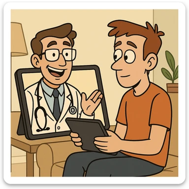 telehealth, doctor on a screen, patient at home, simple and approachable sticker