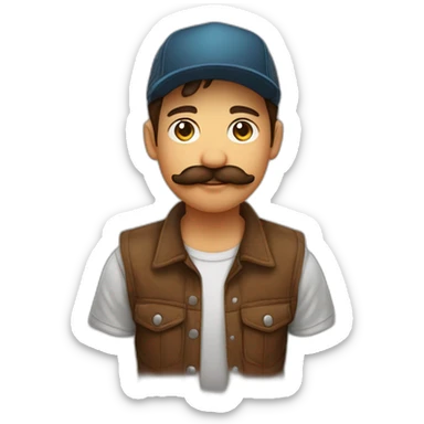 jeune homme brun moustachu avec trucker cap marron sticker