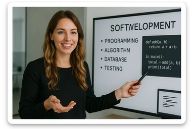 Businesswoman, European, long dark blonde beach waves, green eyes, black blouse with long sleeves, no glasses or chain, smiling, teaching software development sticker