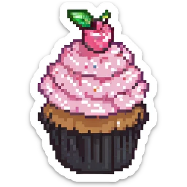 pixel art cupcake with pink icing and a cherry on top sticker