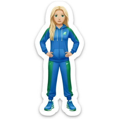 Full Body white female basketball head coach with long blonde hair in a blue and green Nike sweatsuit sticker