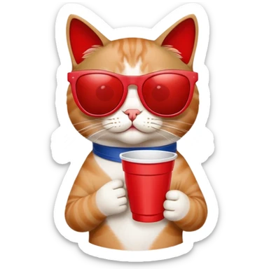 cat wearing sunglasses, holding a red solo cup, looking like it's at a college party sticker